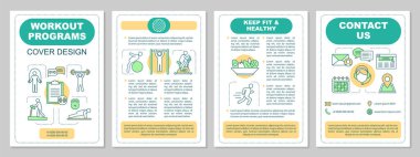 Egzersiz programları broşür şablonu düzeni. Fitness. Egzersiz eğitim spor salonu. Broşür, kitapçık, broşür baskı tasarımı. Fiziksel aktivite ve sağlıklı beslenme. Vektör sayfa düzenleri için dergiler, posterler