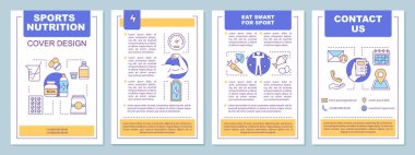 Spor beslenme broşür şablonu düzeni. BCAA, proteinler, vitaminler, sağlıklı beslenme. Broşür, kitapçık, broşür baskı tasarımı. Spor takviyeleri. Vektör sayfa düzenleri için dergi, raporları, posterler