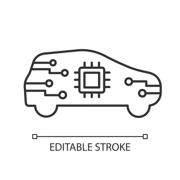 車側表示線形アイコン 内部のチップと自律車 スマートな自動車 細い線の図 プロセッサを搭載した自動車を運転している自己 ベクトル分離外形図します 編集可能なストローク — ストックベクタ