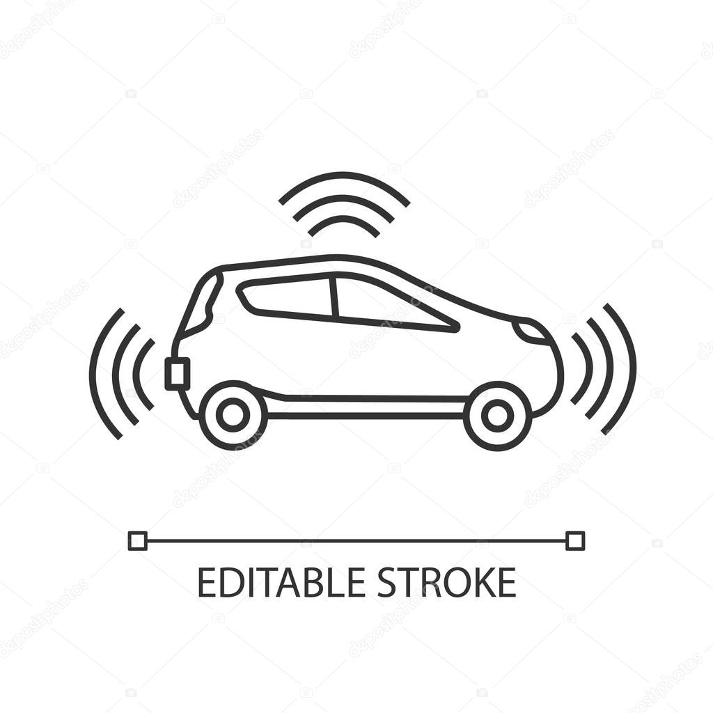 Autonomous car in side view linear icon. Smart car with sensors signals. Thin line illustration. Self driving automobile. Driverless vehicle. Vector isolated outline drawing. Editable stroke