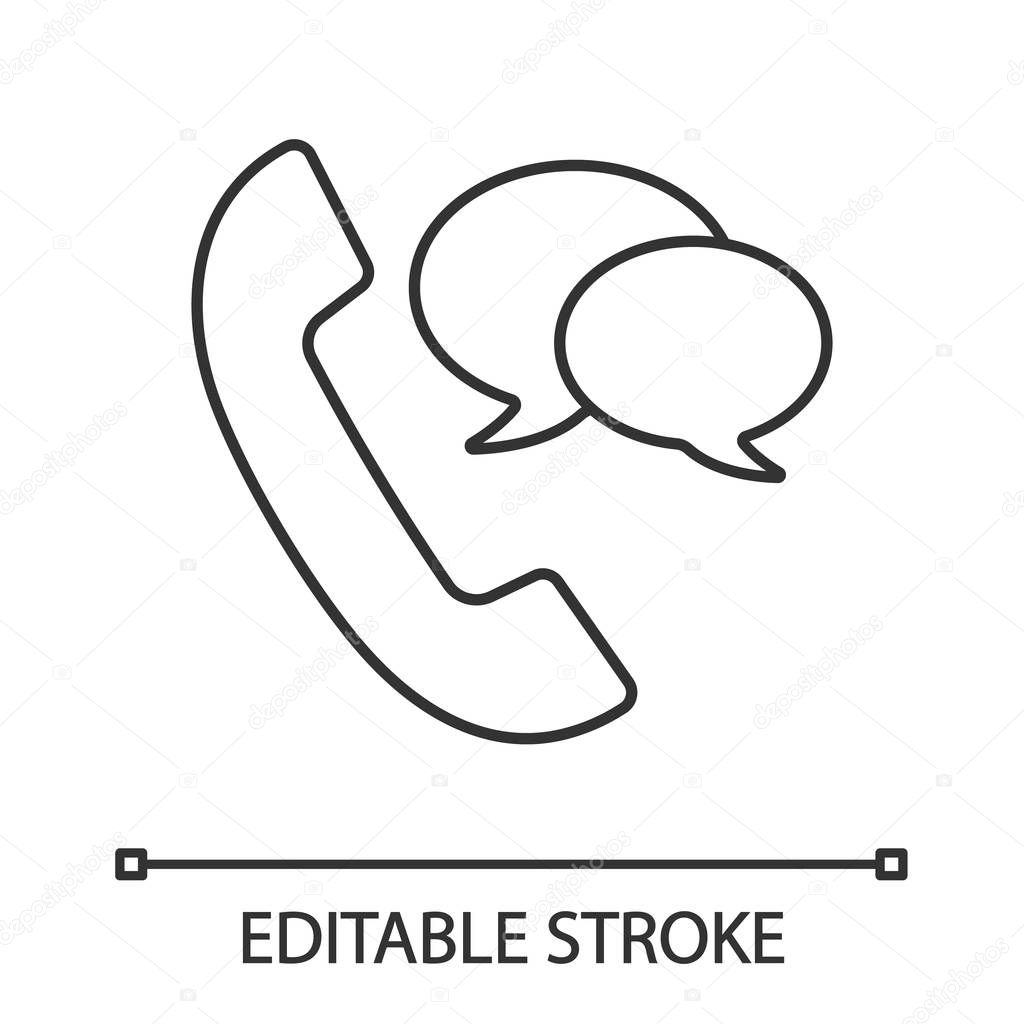 Phone talk linear icon. Landline phone communication. Thin line illustration. Customer service. Infocenter. Handset with speech bubbles. Contour vector isolated outline drawing. Editable stroke