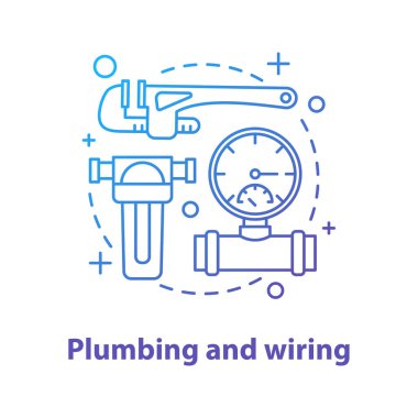 Sıhhi tesisat ve kavramı simge kablolama. Sıhhi tesisat fikir ince hat illüstrasyon. Ayarlanabilir anahtarı, su filtresi, basınç göstergesi. Çizim vektör izole anahat