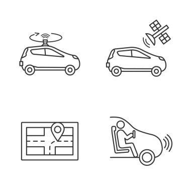 Özerk araba doğrusal Icons set. LIDAR, otomatik uydu kumanda, Gps navigator, kendi kendine sürüş araba ile. İnce çizgi kontur sembolleri. İzole vektör anahat çizimler. Düzenlenebilir kontur