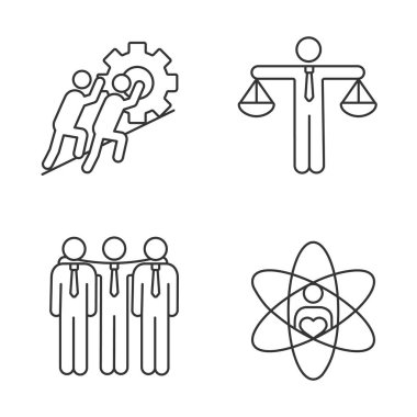 İş ahlakı doğrusal simgeler kümesi. Ortaklık, dürüstlük, ortaklar, temel değerler. İnce çizgi kontur sembolleri. İzole vektör anahat çizimler. Düzenlenebilir kontur