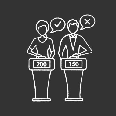 Yarışma programı tebeşir simgesi. Entelektüel oyunun soruları yanıtlayan oyuncular. Yarışmacılar quiz oyun düğme ayakta zil sistemi de basarak. Diğer bilgiler Yarışması. İzole vektör kara tahta çizim