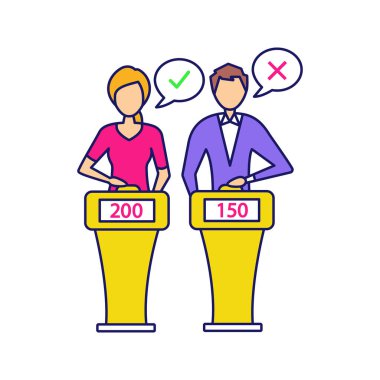 Test gösterisi renk simgesi. Entelektüel oyunun soruları yanıtlayan oyuncular. Yarışmacılar quiz oyun düğme ayakta zil sistemi de basarak. Diğer bilgiler Yarışması. İzole vektör çizim