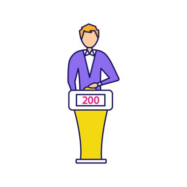 Test gösterisi player renk simgesi. Fikri oyun yarışmacı. Adam oyunu göstermek podyum zil sistemi ile ayakta. Diğer bilgiler Yarışması. İzole vektör çizim