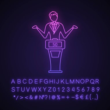 Yarışma programı başarısız neon ışığı simgesi. Entelektüel oyunun kaybeden oyuncu. Oyunu göstermek podyum düşük puanı olan, ayakta adam. Yarışmacı son düdük sistemi. Parlayan alfabe, sayılar. İzole vektör çizim
