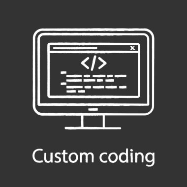 Özel kodlama tebeşir simgesi. Programlama. Web sitesi geliştirme. Web sitesi optimizasyonu. Noktadan noktaya entegrasyon. İzole vektör kara tahta çizim