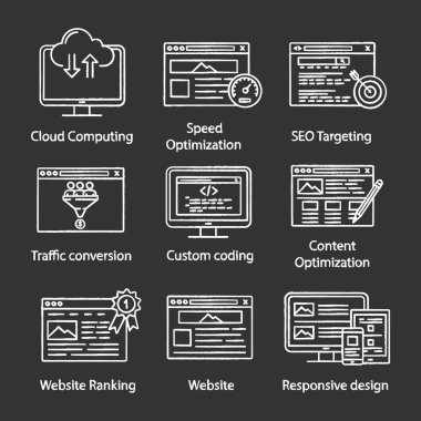 SEO tebeşir simgeler kümesi. Bulut bilgi işlem, hızı optimizasyonu, hedefleme, trafik, dönüşüm, özel kodlama, copywriting, sıralaması, Web sitesi, duyarlı tasarım. İzole vektör kara tahta çizimler