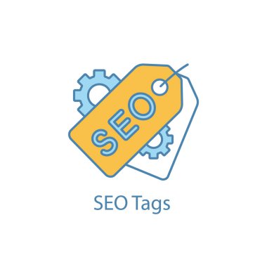 SEO Etiketler Renk simgesi. Meta etiketleri. Arama Optimizasyonu. SEO pazarlama. Etiket ve cogwheels. İzole vektör çizim