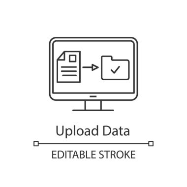 Veri karşıya yükleme doğrusal simgesi. Dosya aktarımı. İnce hat illüstrasyon. Web depolama. Dijital veri depolama. Kontur sembolü. İzole anahat çizim vektör. Düzenlenebilir kontur