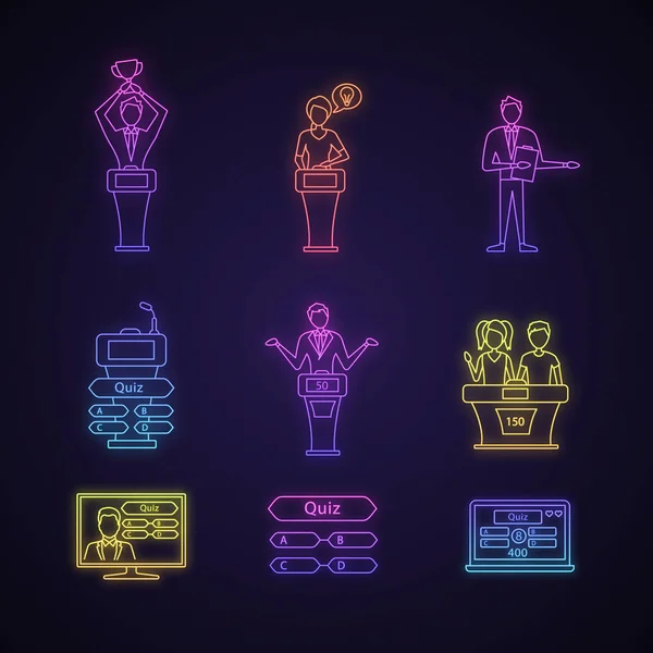 Quiz Show Neon Light Icons Set Preguntas Juegos Intelectuales Podios — Vector de stock