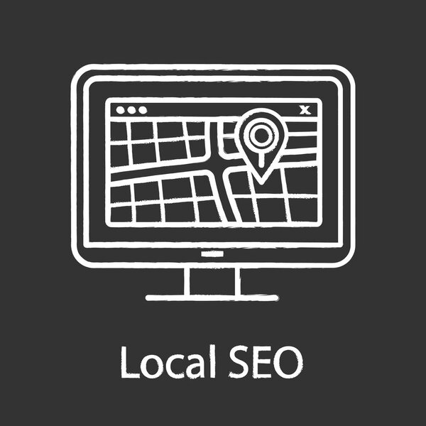 Локальный значок SEO chalk. Магазин, кафе, геолокация салонов. Цифровое отображение. GPS навигация. Маршруты поиска. Оптимизация поиска местоположения. Геомаркетинг. Изолированная векторная иллюстрация
