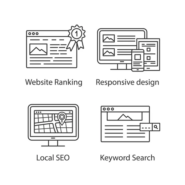 Seo Linjär Ikoner Set Webbrankning Responsiv Design Lokala Seo Nyckelordssökning — Stock vektor