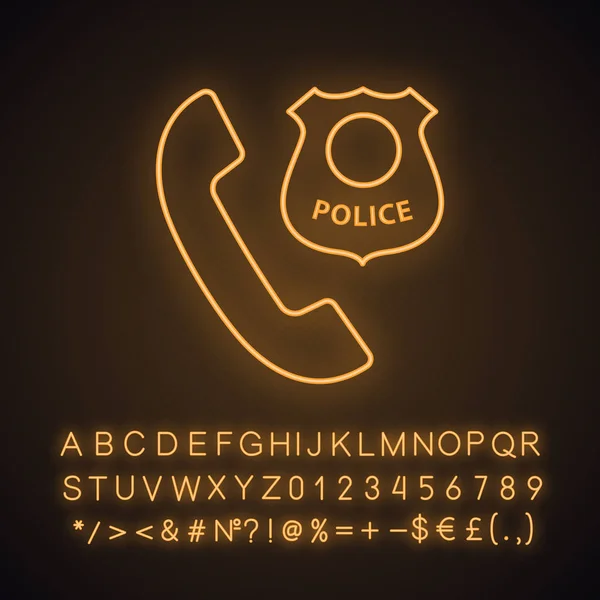 Викличте Поліцейську Неонову Ікону Світла Аварійний Дзвінок Гарнітура Поліцейським Значком — стоковий вектор