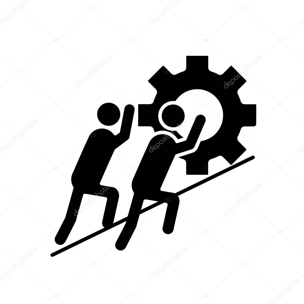 Teamwork glyph icon. Team. Partnership. Two businessmen pushing cogwheel up. Join efforts. Silhouette symbol. Negative space. Vector isolated illustration