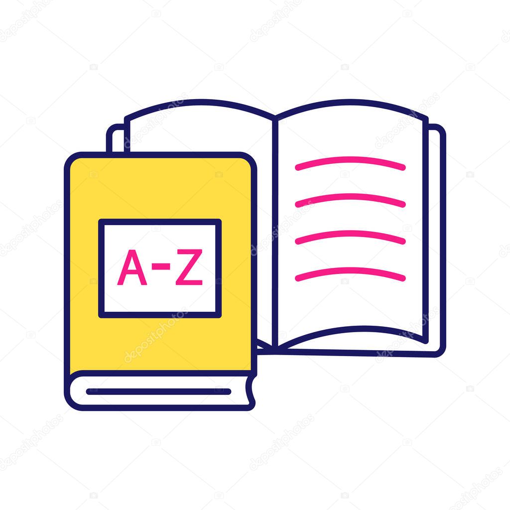 Foreign language learning books color icon. Language lesson. Students workbook. Educational materials and library