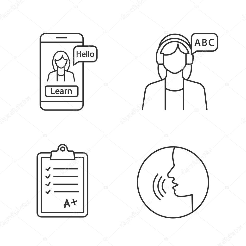 Foreign language learning linear icons set. Educational app, listening, test, pronunciation. Thin line contour symbols. Isolated vector outline illustrations. Editable stroke