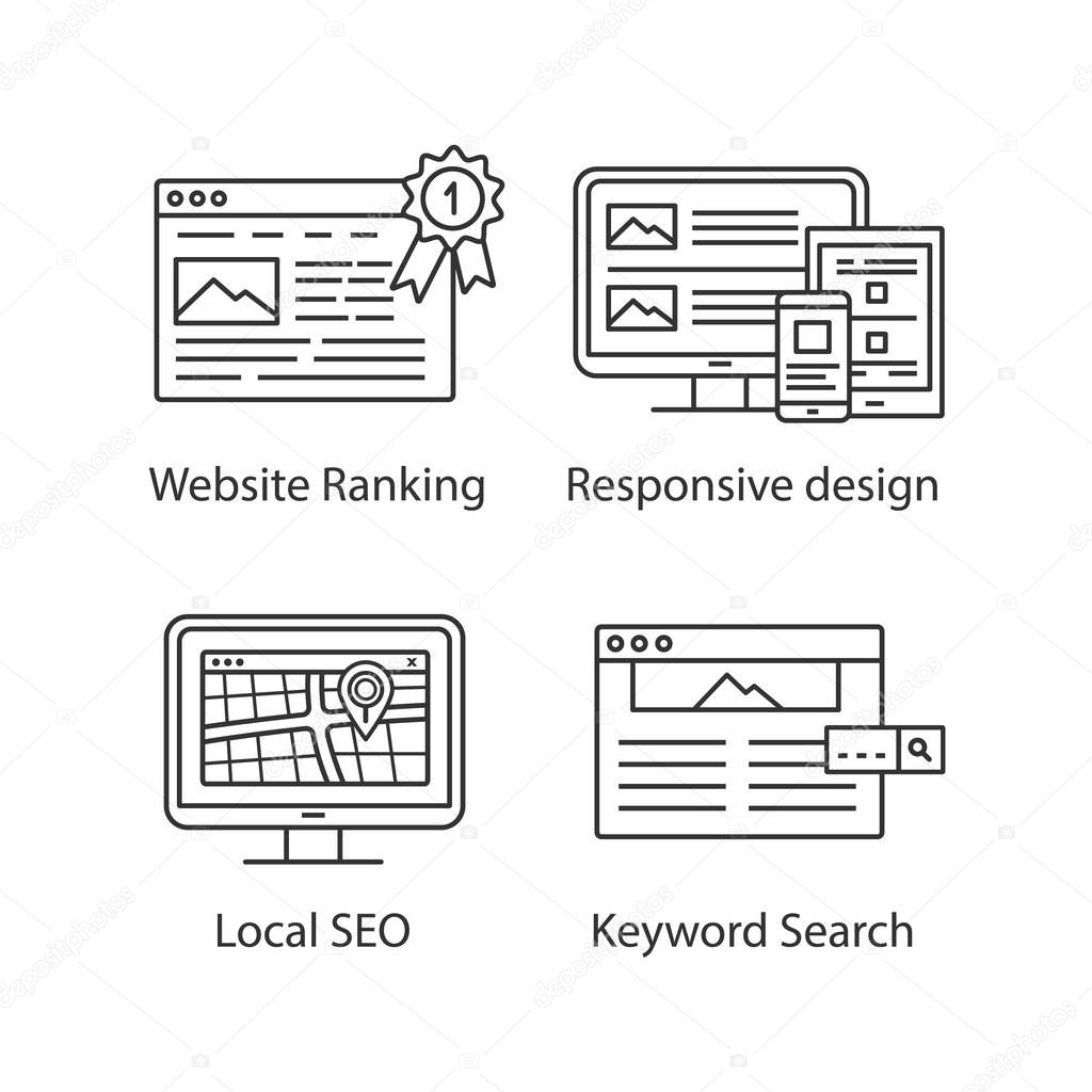 SEO linear icons set. Website ranking, responsive design, local SEO, keyword search. Thin line contour symbols. Isolated vector outline illustrations. Editable stroke