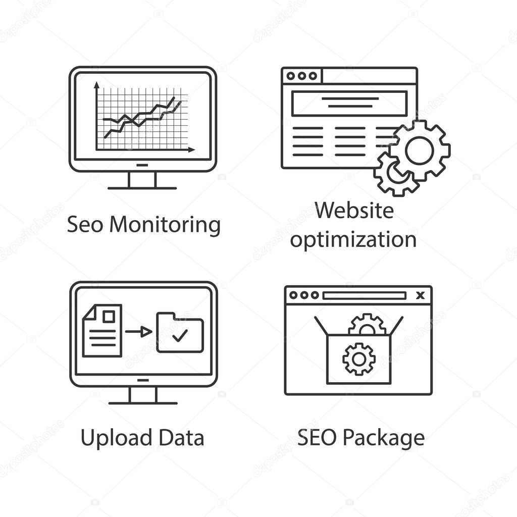 SEO linear icons set. Traffic monitoring, website optimization, upload data, SEO package. Thin line contour symbols. Isolated vector outline illustrations. Editable stroke