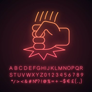 Tablo neon ışık simgesine yumruk at. Öfke, saldırganlık. Kızgın kişi. Yumruk isabet tablo. Alfabe, sayı ve sembol parlayan işaretiyle. İzole vektör çizim