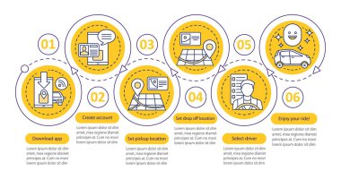 Bu carpooling mobil uygulaması vektör Infographic şablonu. Paylaşım hizmeti binmek. İş tanıtım tasarım öğeleri. Veri görselleştirme altı adımlar ve seçenekleri. İşlem zaman çizgisi görüntüsü. İş akışı düzeni