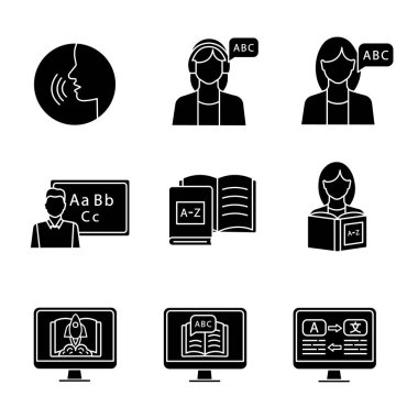 Yabancı dil öğrenme glif simgeler beyaz arka plan üzerinde ayarla