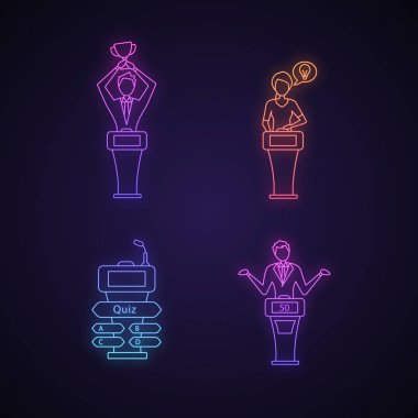 Yarışma programı neon ışık simgeler siyah arka plan üzerine