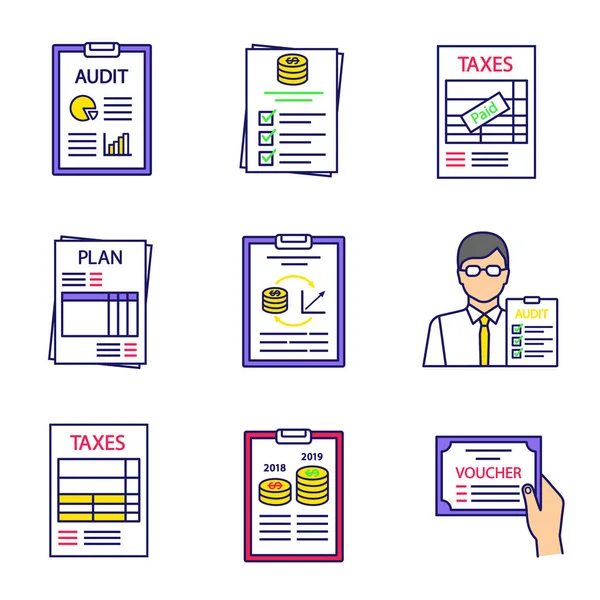 Audit Flat Icons Set Vector Illustration — Stock Vector