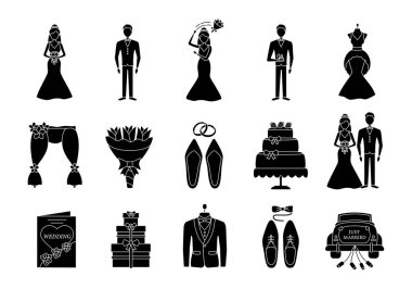 Düğün planlama glif simgeler beyaz arka plan üzerinde ayarla