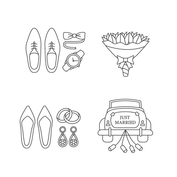 Accesorios Para Hombre Mujer Ramo Flores Iconos Coches Boda Sobre — Vector de stock