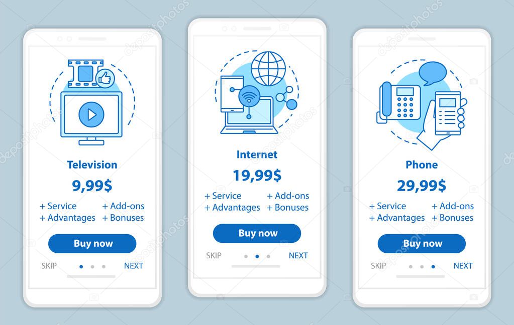 TV, phone, internet bundle onboarding mobile app screens with service prices. Tariff plans and packages. Walkthrough website pages templates. Smartphone payment web page layout