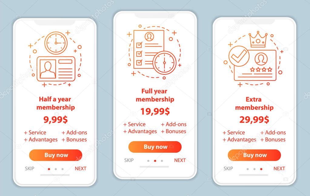 Membership prices onboarding mobile app screens vector templates