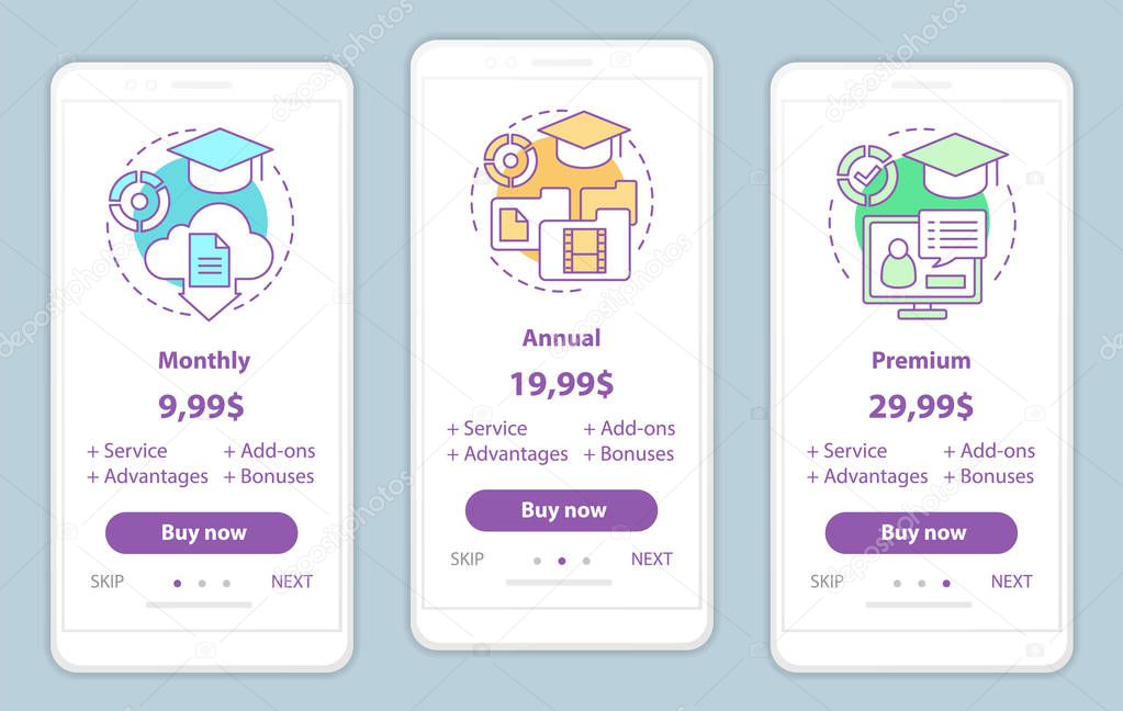 Online courses prices onboarding mobile app screens