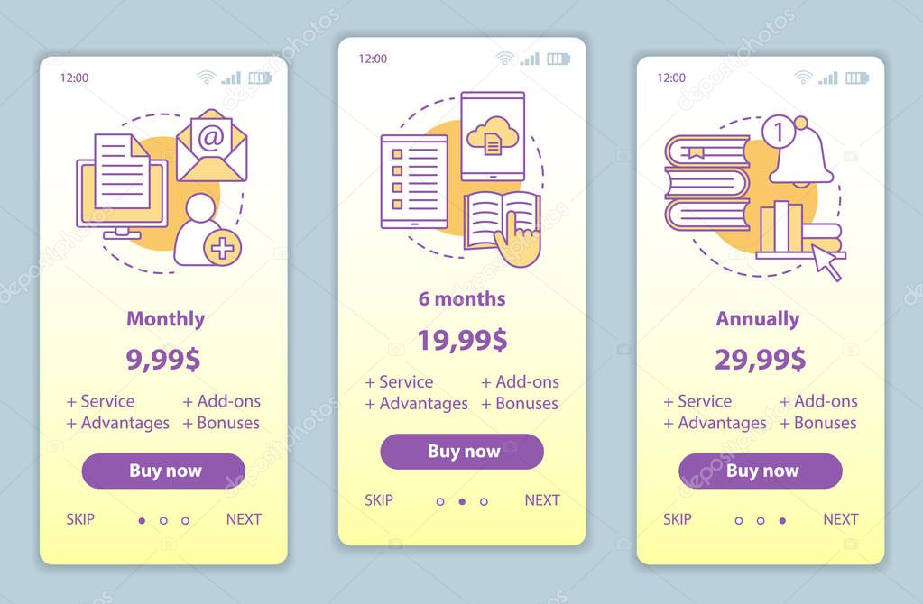 Digital library onboarding mobile app screens with service prices. 
