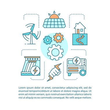 Eko enerji kavramı doğrusal illüstrasyonlar. Yeşil teknoloji. Alternatif enerji. Makale, broşür, dergi sayfası düzen. Kutsal kişilerin resmi metin kutuları ile. Temiz enerji. Baskı tasarımı. İzole vektör çizim