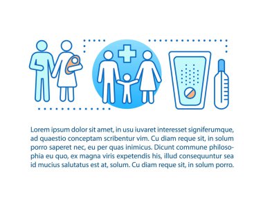 Aile Hekimliği kavramı doğrusal illüstrasyon. Çocuk Bakımı. Sağlık. Makale, broşür, dergi sayfası düzen. Pediatri. İnce çizgi kutsal kişilerin resmi metin kutuları ile. Baskı tasarımı. Çizim vektör izole anahat