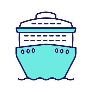 Cruise gemi önden görünüm renk simgesi. Okyanus gemisi. Bot, cruiseship, feribot. Su ulaştırma araçları. Yaz yolculuk. İzole vektör çizim