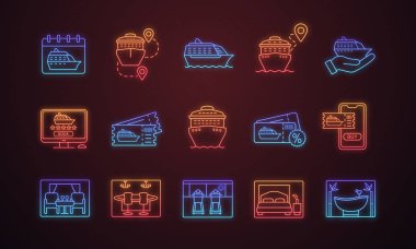 Cruise neon ışık Icons set. Hizmetleri, bilet rezervasyon ve satın alma, gemiler, yerler. Yaz yolculuk. Shore geziler, Turlar ve seyahat acentası. Parlayan işaretler. İzole vektör çizimler