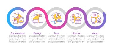 Spa salon hizmetleri Infographic şablon vektör. Spa prosedürler, sauna, Masaj, Cilt Bakımı, makyaj. Beş adımlar ve seçenekleri veri görselleştirme. İşlem zaman çizgisi görüntüsü. İş akışı düzeni