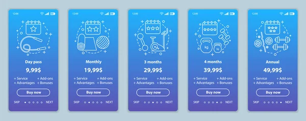 Suscripción Fitness Incorpora Los Precios Las Pantallas Aplicaciones Móviles Walkthrough — Archivo Imágenes Vectoriales