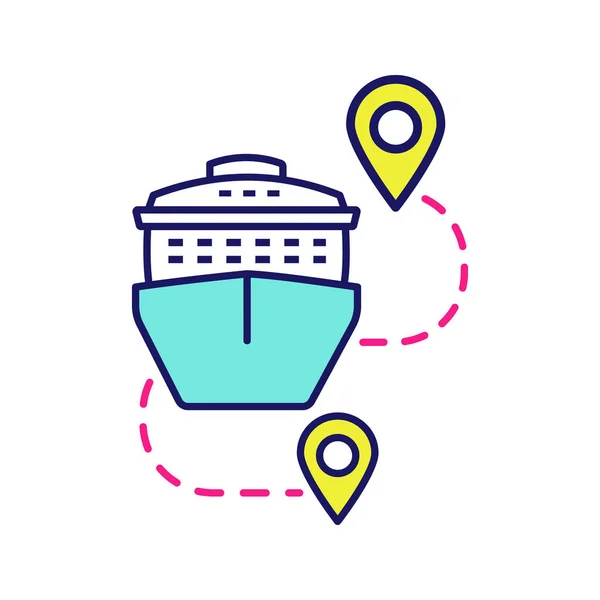 邮轮路线颜色图标 旅游目的地 带有地图精确定位的邮轮 旅行路线规划师 旅行行程 被隔绝的向量例证 — 图库矢量图片