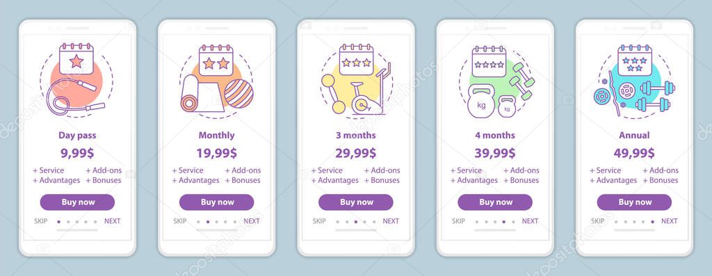 Fitness subscription onboarding mobile app screens prices. Walkthrough website pages templates. Gym membership costs. Tariff plans steps. Smartphone payment web page layout