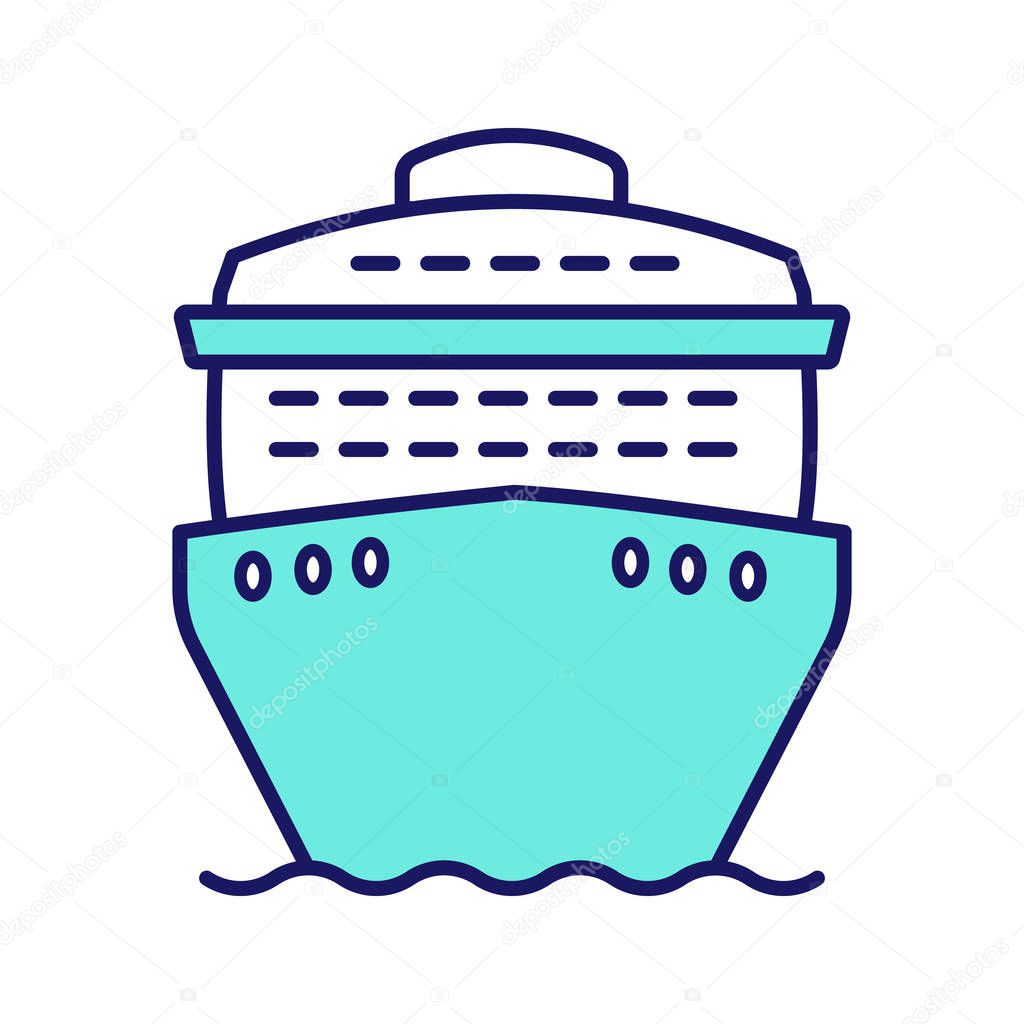 Cruise ship in front view color icon. Ocean liner. Boat, cruiseship, ferry. Water transport. Summer voyage. Isolated vector illustration