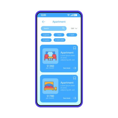 Daire rezervasyon uygulaması arayüzü vektör şablonu. Telefon uygulaması arabirimi mavi tasarım düzeni. Smartphone uygulama arama Kiralık'ların evi. Düz UI. Telefon göstermek ile daireler fiyat listesi
