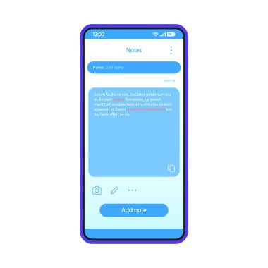 Not uygulama arabirimi vektör şablonu alma. Telefon uygulaması arabirimi mavi tasarım düzeni. Smartphone hatırlatma uygulaması. Düz UI. Not metin ile telefon göstermek