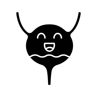 İdrar kesesi glif simgesi gülümseyerek. Sağlıklı idrar yolu. Üriner sistem sağlık. Siluet simge. Negatif alan. İzole vektör çizim