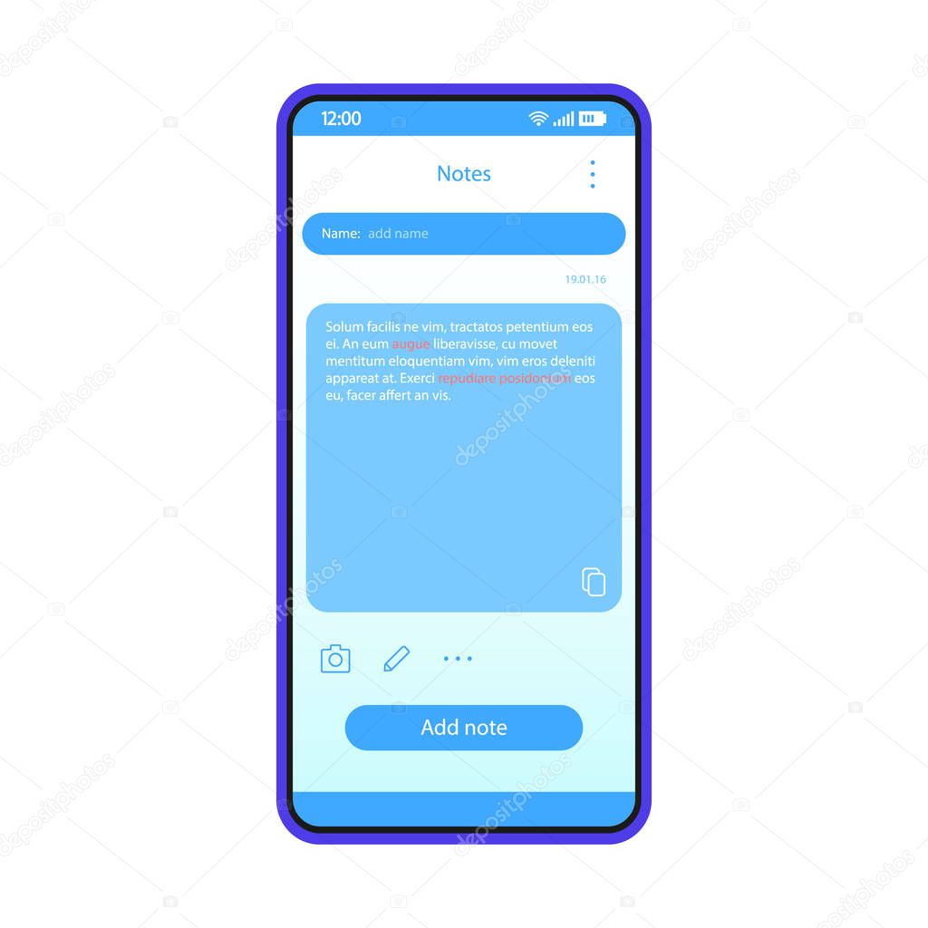 Note taking app interface vector template. Mobile app interface blue design layout. Smartphone reminder application. Flat UI. Phone display with note text