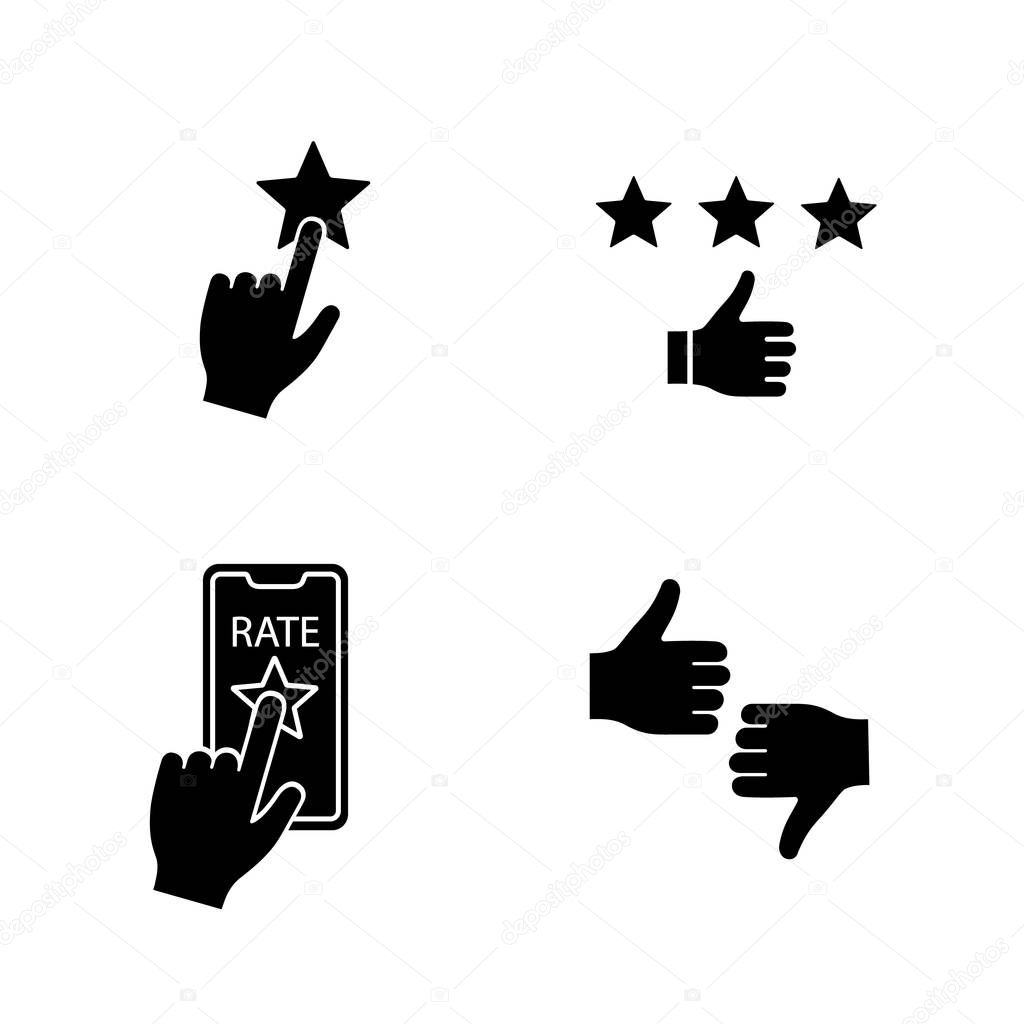 Rating glyph icons set. Positive feedback, app rating, dislike and like, add to favorite. Silhouette symbols. Vector isolated illustration
